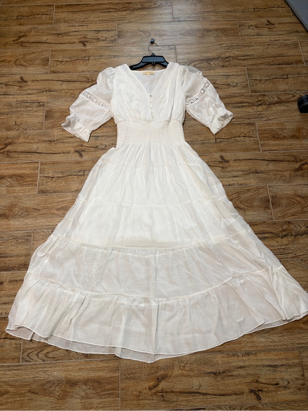 White Bohemian Tiered Midi Dress with Smocked Waist Vintage style Western